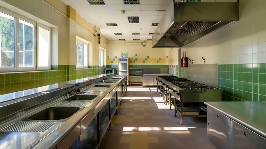School kitchen preparing meals for pupils
